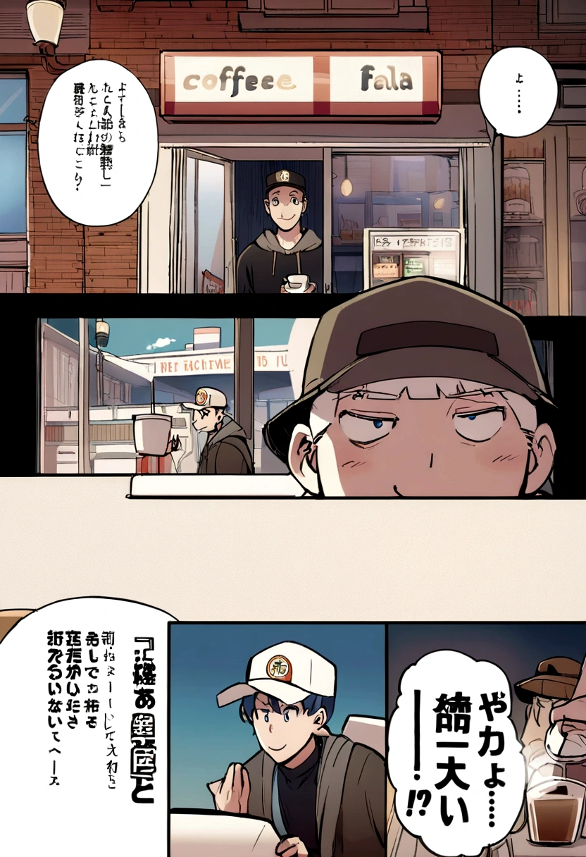 First page of a manga, Hooded boy talking to a coffee vendor, Bolhas de fala vazias, Anime style purple and blue manga, Boy with smile on face wearing cap, vendor in front of a diner delivering coffee, garoto e vendedor na rua vazia, bolhas de conversa, preto e branco, black and white manga