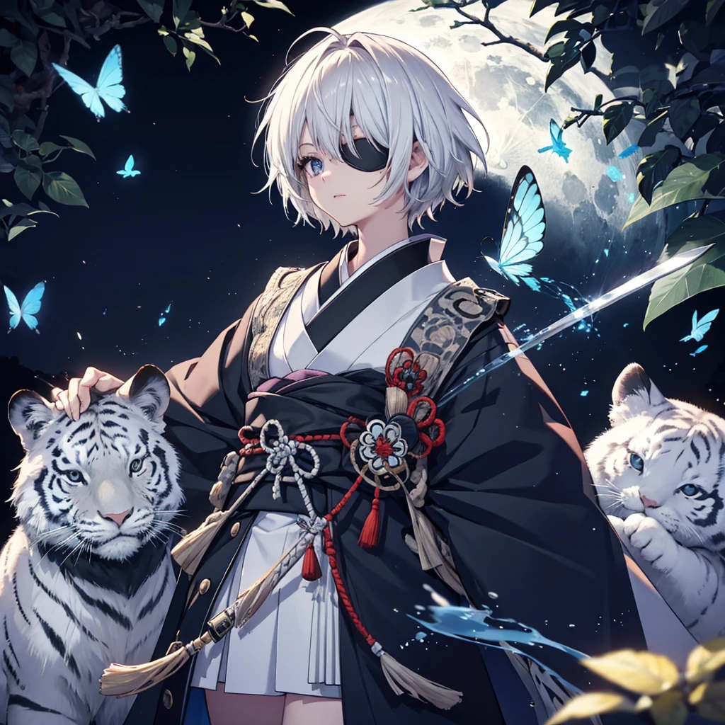 (((1 person))) (((Put on an eye patch))) ((White Tiger Mask)) ((High resolution short hair Gray Hair Black kimono Shoulder knifeを胸の前で構える)) ((Black Band samurai Lonely despair blue eyes Close-up)) ((Blue Butterfly night Japanese style old Shining Aura garden water surface full moon Catch the wind)) (dance 日本knife knife Slashing) moonlight star Draw your sword Shining Background Shining Edge