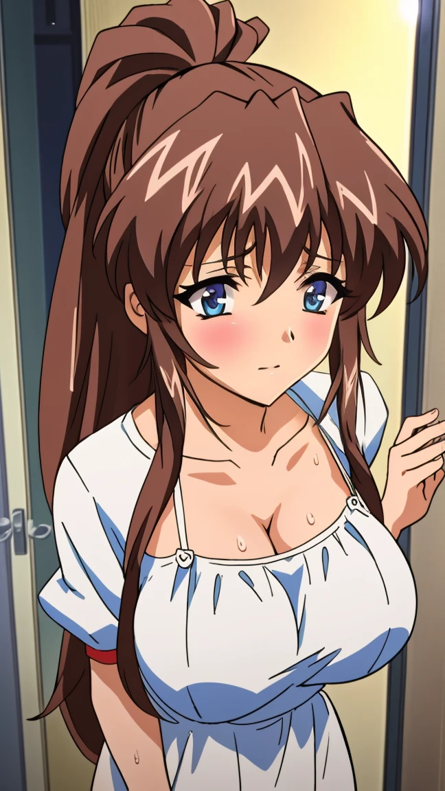 masterpiece, Highest quality, Very detailed , MyjmSkr-KJ, Highest quality, High resolution, One Girl、ponytail、Brown Hair、healthy、Brown eyes,Normal chest(B Cup)、Cute face、Cute anime illustration open door, Large Breasts, One girl, Nightgown, Ahegao, From above, Sweat,