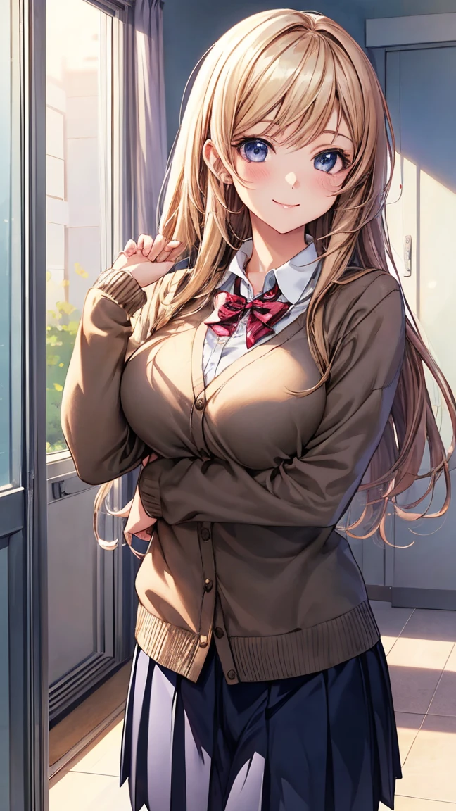 (masterpiece:1.2, Highest quality,Best lighting), (Very detailed:1.3),1 girl, 17 years old, Big Breasts, morning, sunlight, Long sleeve cardigan:1.4, Light grey pleated skirt,smile:1.25,stand:1.5,there is a woman in a posing for a picture, a hyperrealistic schoolgirl, hyperrealistic , beautiful anime high school girl, realistic , cute , smooth anime cg art, attractive anime girl, school girl, beautiful anime girl, photorealistic anime, anime girl, an anime girl, seductive anime girl, cute anime girl