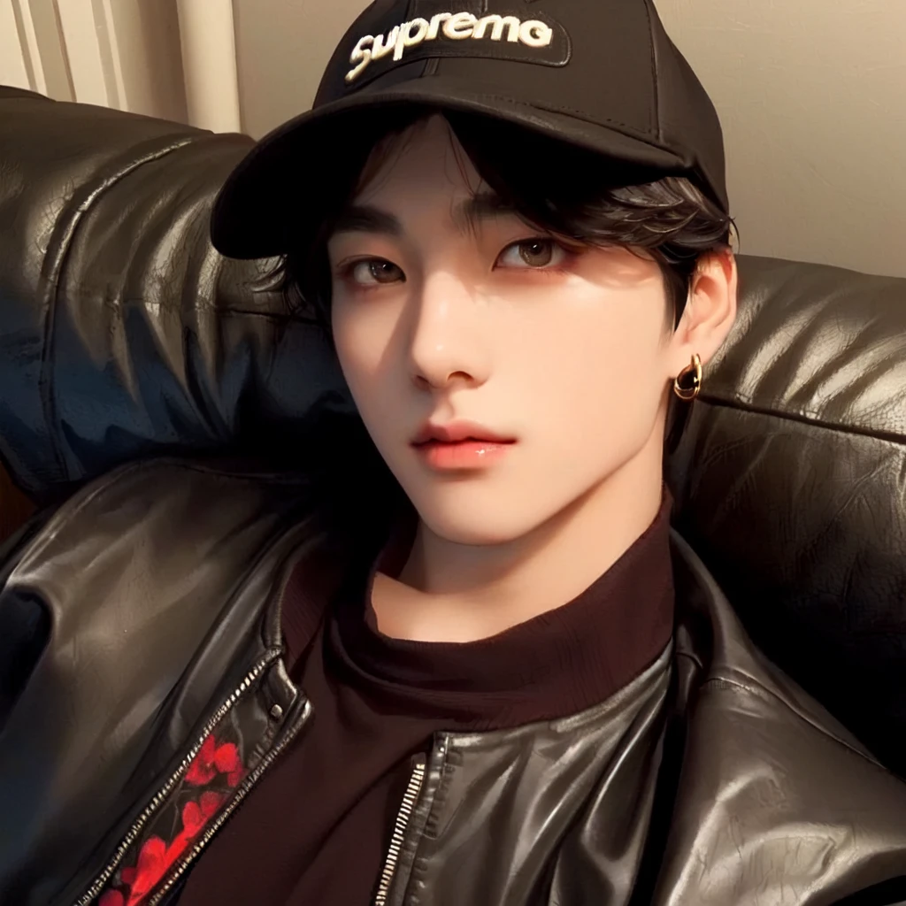 a close-up of a person wearing a hat and a leather jacket, Jungkook, cai xukun, Tae June Kim, Ulzzang spacious, Jinyoung Shin, cute japanese demon boy, hyung tae, Kim Doyoung, Hong Jun Hyung, xqc, I vampire, ✨🕌🌙, south korean man, adorable and pale korean face, Taehyung eating Gucci fries