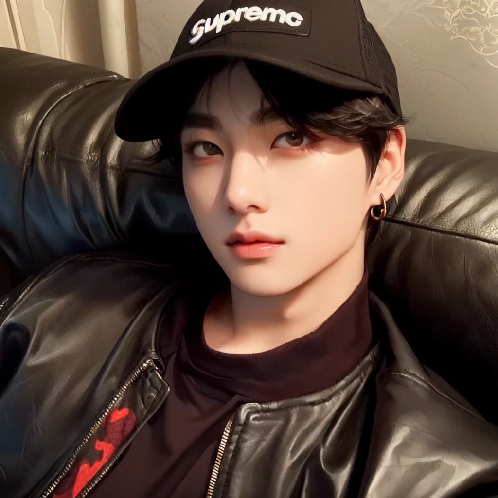 a close-up of a person wearing a hat and a leather jacket, Jungkook, cai xukun, Tae June Kim, Ulzzang spacious, Jinyoung Shin, cute japanese demon boy, hyung tae, Kim Doyoung, Hong Jun Hyung, xqc, I vampire, ✨🕌🌙, south korean man, adorable and pale korean face, Taehyung eating Gucci fries