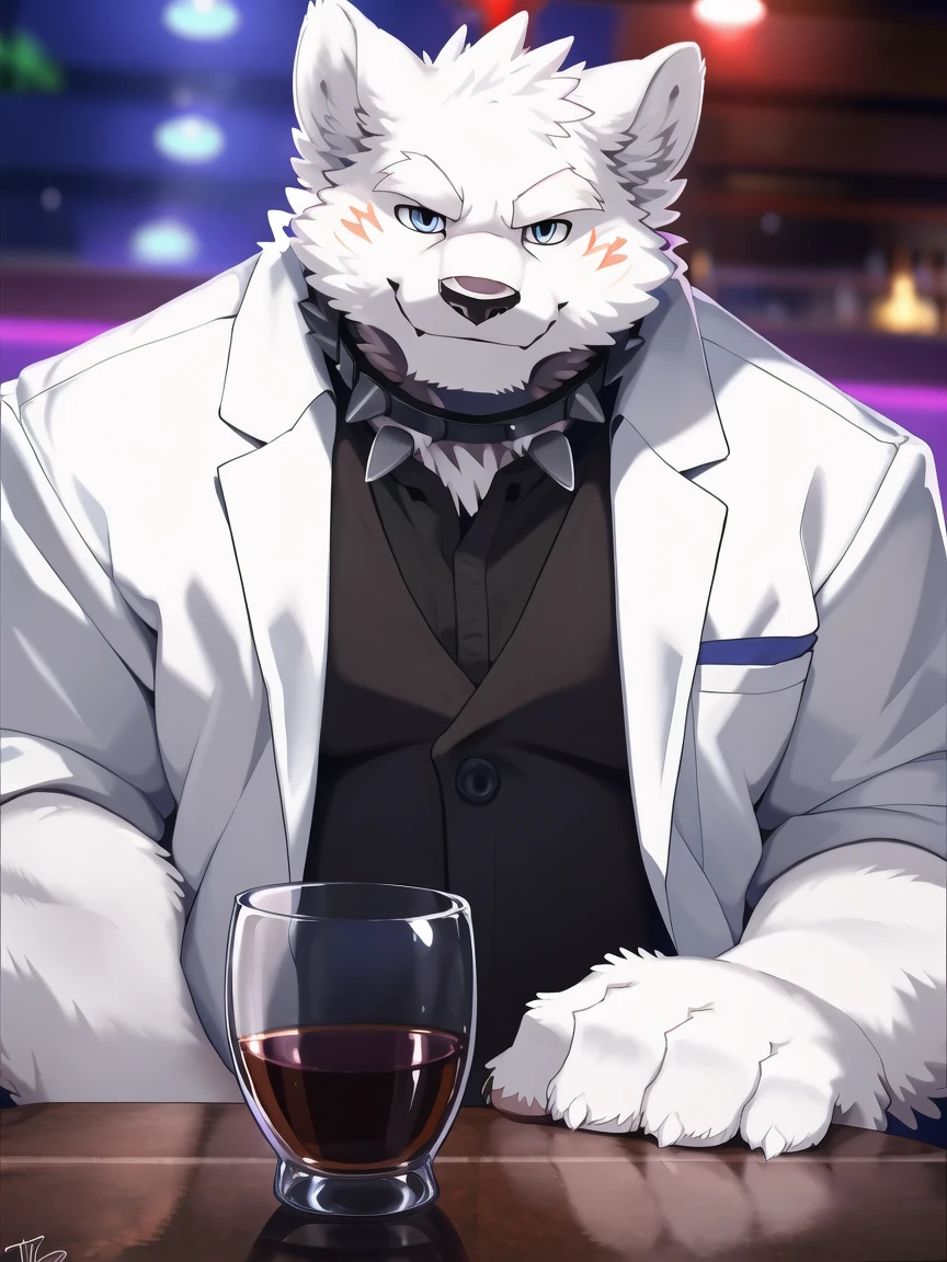 ((all white fur:1.5)), solo, Perfect sky blue eyes, Spike Collar, (artist:Takemoto Arashi), Mature face, elder, longeyelashes, ((Thin and tall figure)), ((sit on the ground)), fang out, Smile evilly, oral invitation, maliciously, Wearing a suit, Bar interior scene, bar, Movie Light Effects, Movie Posters, Holding a red wine glass, Reveal most of the background, Tilt your upper body towards the camera, atmospheric perspective, super detail, high details, 8k