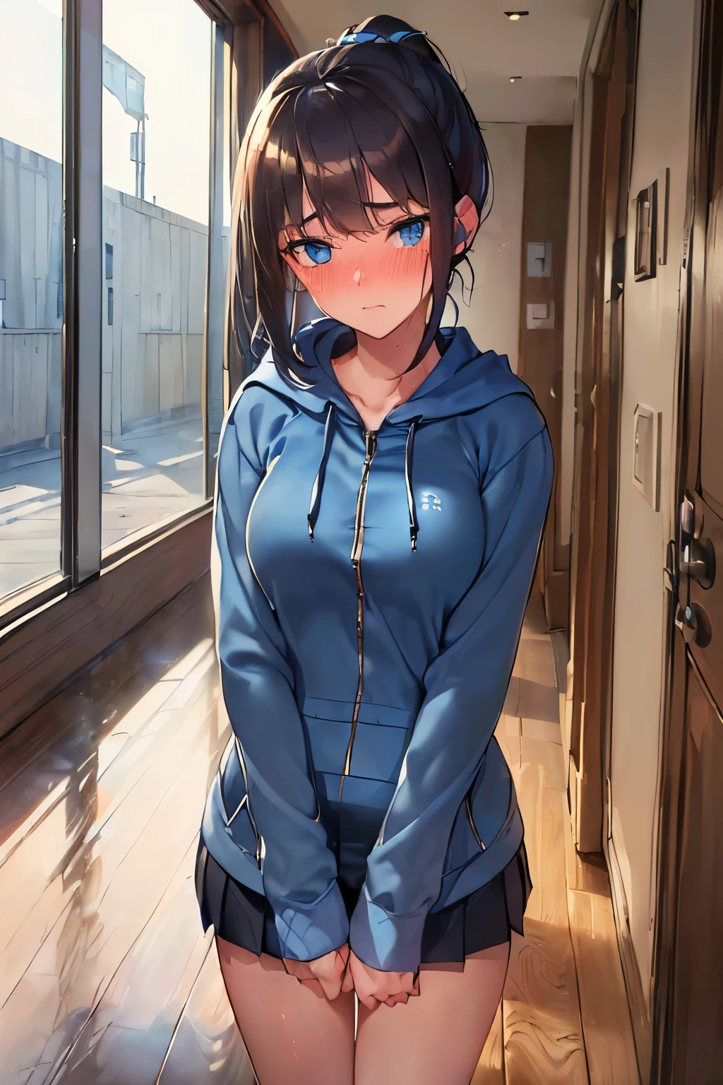 ((best quality)), ((masterpiece)), ((detailed)), (((perfect face))), (((18yo teenage girl))), ((((blue hoodie with silver zip)))), (((medium breasts))), ((dark blue pleated skirt from waist to thighs))), ((dark brown hair)), ((short ponytail)), (((blue eyes))), ((shy:1.4)), ((blushing:1.5)), (((interior home corridor, wooden floorboards, window))), (((standing))), (((close up on upper body)))