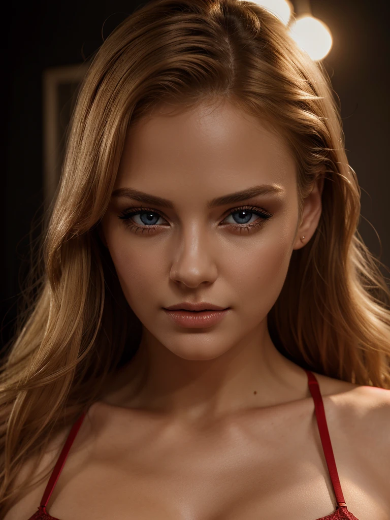 high quality, 8k, photorealistic, extremely detailed, masterpiece, detailed eyes, detailed lips, beautiful blonde woman, red sexy lingerie, seductive pose, dramatic lighting, warm color palette, studio lighting, glamorous, fashion photography