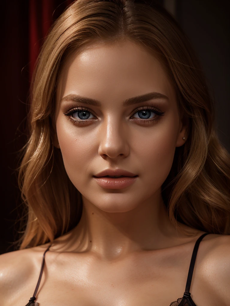high quality, 8k, photorealistic, extremely detailed, masterpiece, detailed eyes, detailed lips, beautiful blonde woman, red sexy lingerie, seductive pose, dramatic lighting, warm color palette, studio lighting, glamorous, fashion photography