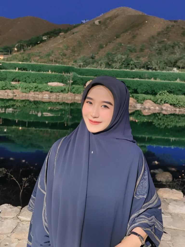 medium shoot a Korean woman wearing a hijab, wearing blue gamis, smiling sweetly with a happy expression on a very starry night. Big pink moon behind the mountains. The calm lake reflects the night. realistic scene, detail, Photorealism, 16k