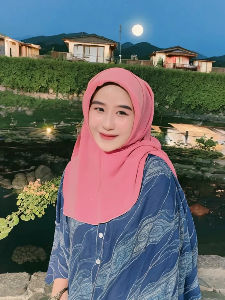 medium shoot a Korean woman wearing a hijab, wearing blue gamis, smiling sweetly with a happy expression on a very starry night. Big pink moon behind the mountains. The calm lake reflects the night. realistic scene, detail, Photorealism, 16k