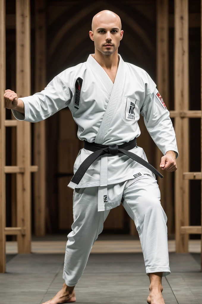 ((8k ((best quality)), ((masterpiece)), (very detailed), real face bald male muscular male full body wear karate suit kicking
