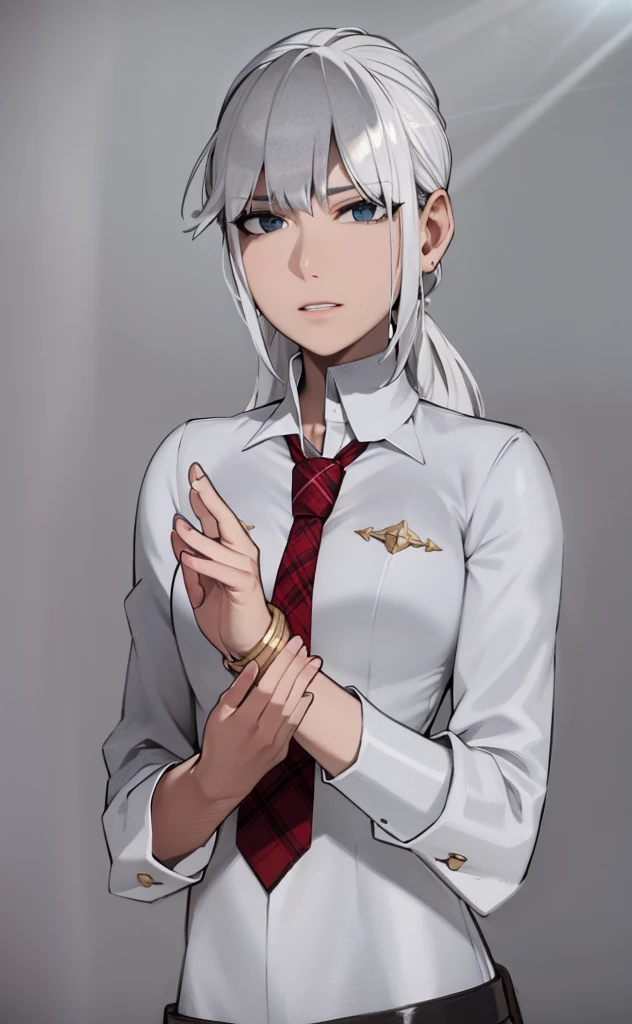 Masterpiece, Best quality, High quality, High Definition, High quality texture, High quality shadows, High detail texture, Realistic, Level Light, Side lighting, lens flare, Ray Tracing, Sharp focus,Silver hair,leader,Domineering,despise