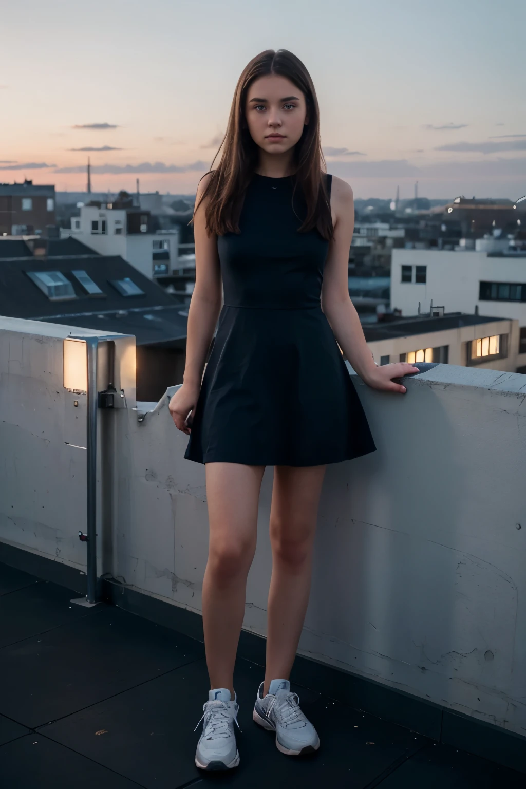 full length 18-year-old girl in blue jeans, dark brown hair, blue eyes, round pupils, symmetrical pupils, black dress and sneakers standing on a rooftop in the evening in cinema style 35mm f1.8