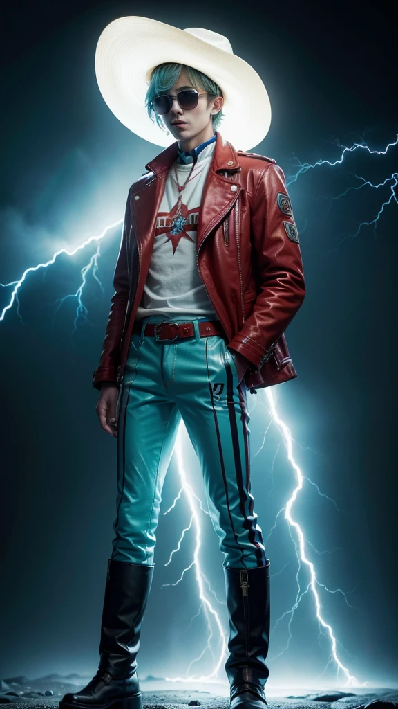 A completely white man, with a cyan cowboy hat, red striped jacket with cyan details, sunglasses, red pants and yellow leather boots, he is on a completely black background, his entire body is visible, full-bodied, Epic lightning, 4K, high details, he Looking front 