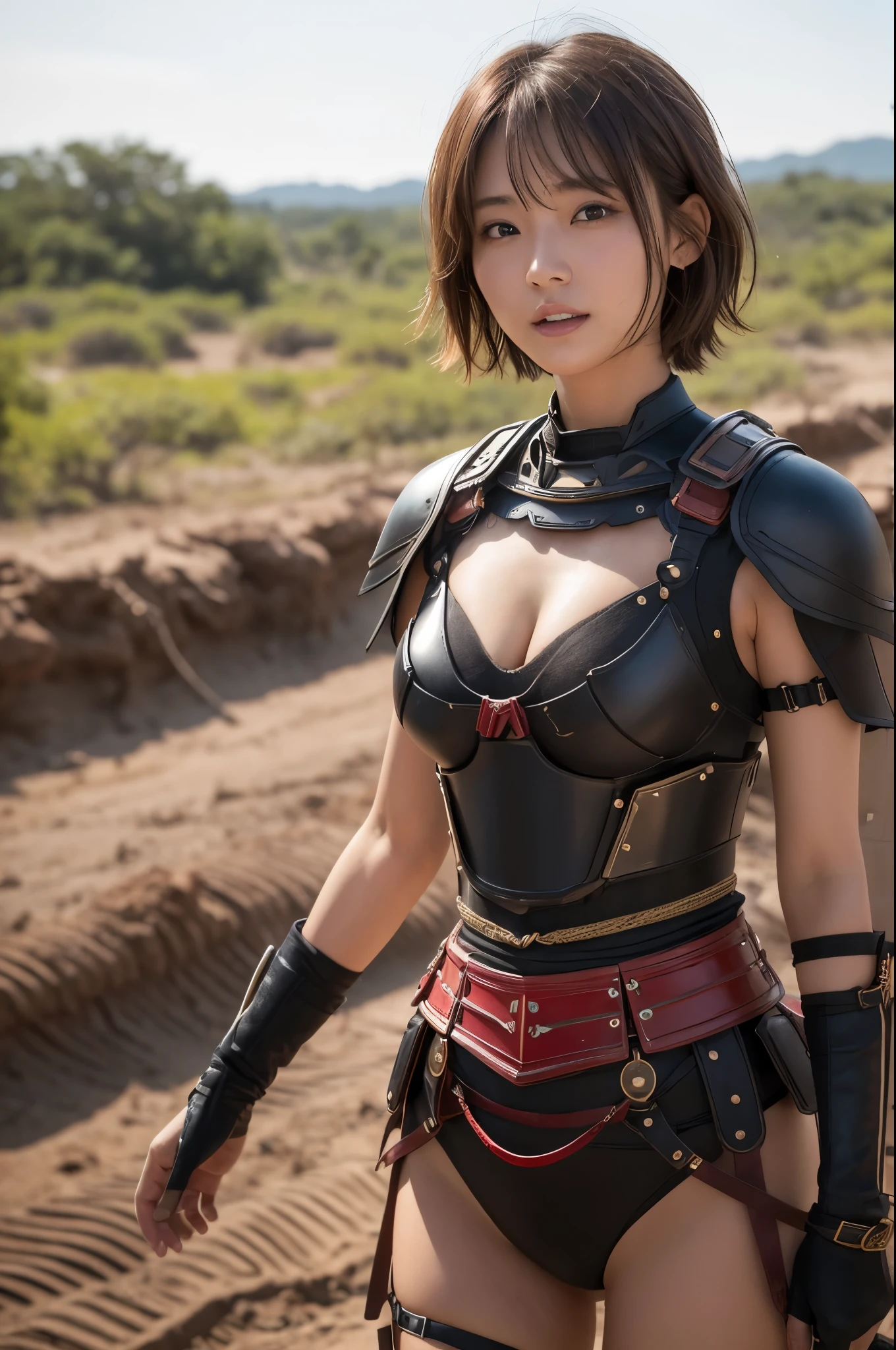 8K,荒れた大地adventure者の衣装,Traveling through the dusty wilderness,Light brown short hair,so beautifulな日本の女性, Red and black large breasted breastplate(Devil's Crest),so beautiful(Like the real thing),Red and black shoulder armor for the left shoulder(Devil's Crest),Red and black combat trousers,sexy,deviantart artstation cgscosiety, 3DレンダリングCharacter Art8 K, Alena Aenami and Artgerm, Vojtek Fas, Artstation 8K のトレンド, Art Station HDのトレンド, Adventure Ultra-Realistic Rendering, Perfect body with realistic shading, Photorealistic perfect body, Ultra-high resolution,high quality,sexy,Brown short hair,Strongly defined abdominal muscles,Muscular and slim body,Muscular and lean lower body,close,masterpiece,最high qualityのフォトリアリスティックなRAW写真。Bright colors,Rich colors, Backlight, Cinema Lighting, Film Grain, to be born, 50mm lens, Nikon D850,Realistic Skin,Fantasy art,Character Art,Sharp Eyes,adventure,He has a long and big Japanese sword.,brown combat jacket,red and black gauntlets(Devil's Crest),Battle Scenes,Dynamic pose,Action pose,shout,