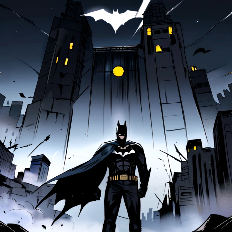 Batman em Gotham city , Scenario with destruction , DarkKnight , Standard scenario , focused glance , best qualityer , best resolution , ​masterpiece