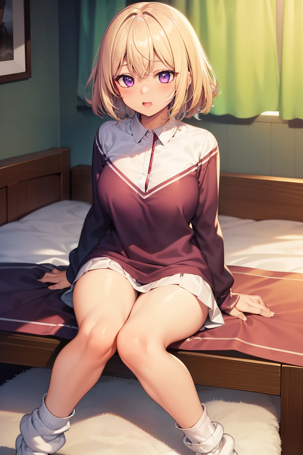 (Tabletop, Highest quality, Super detailed), One Girl, Purple eyes, Blonde Hair, Dark Skin, Short Hair、Perm Hair、((Long loose socks))、(Bedroom)、