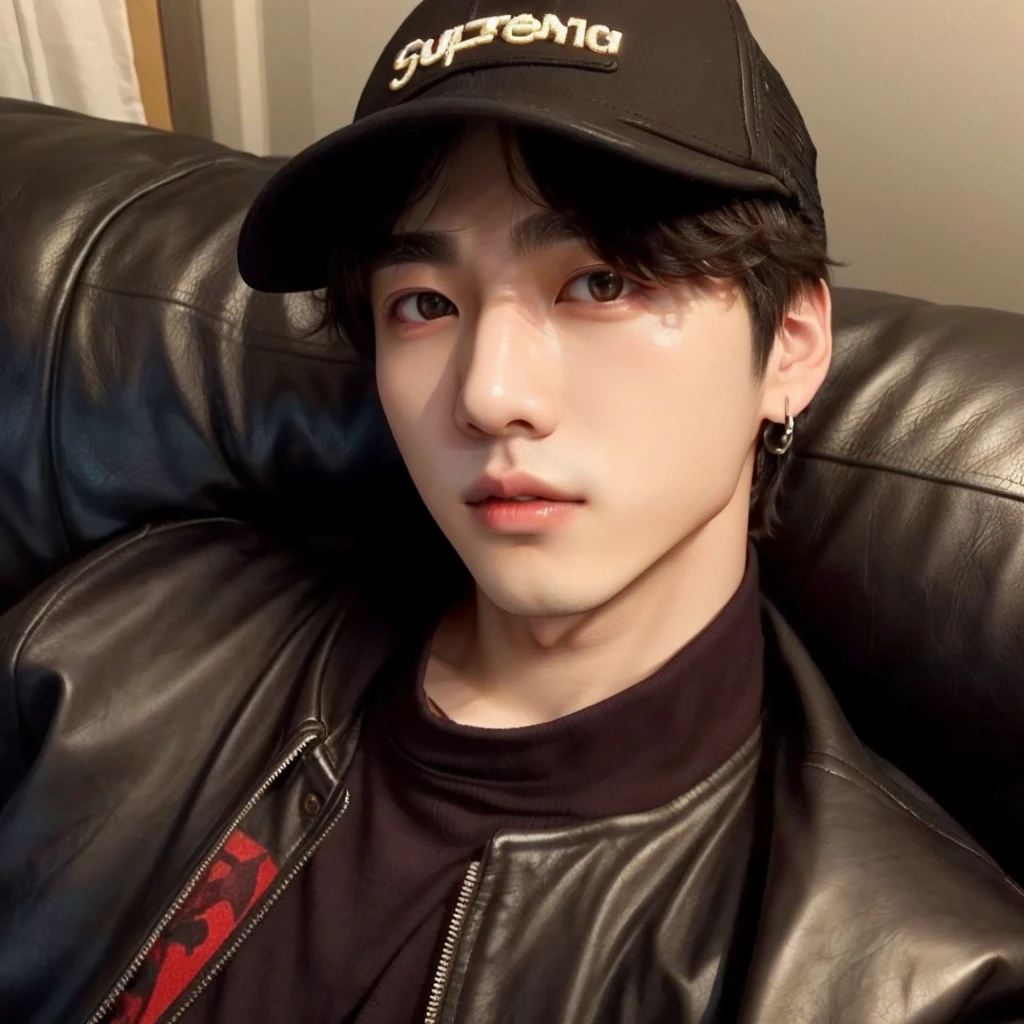 a close-up of a person wearing a hat and a leather jacket, Jungkook, cai xukun, Tae June Kim, Ulzzang spacious, Jinyoung Shin, cute japanese demon boy, hyung tae, Kim Doyoung, Hong Jun Hyung, xqc, I vampire, ✨🕌🌙, south korean man, adorable and pale korean face, Taehyung eating Gucci fries