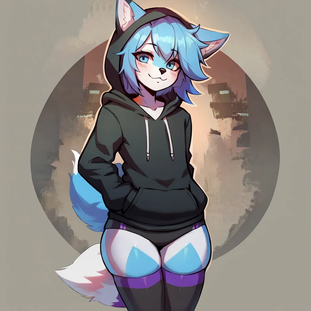 blue fur,fox, hoodie, thigh highs, fox femboy,long blue hair,