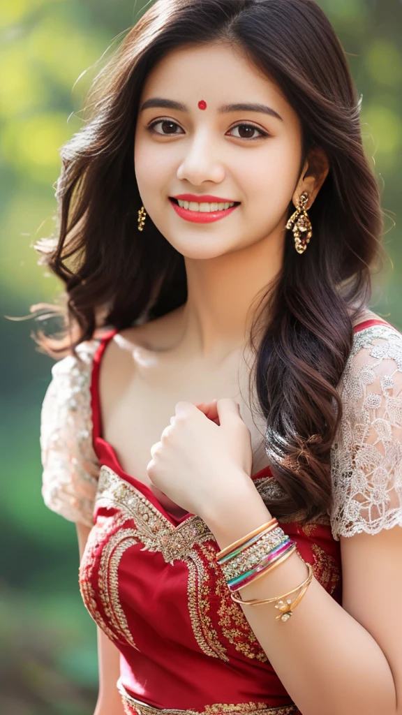 8K, ultra high detailed, an indian girl, cute smile realistic face, happy, long hair, impressive hairstyle, detailed eyes, detailed lips, indian clothes, red long dress , full body lace, wearing jewellery, nature background, flowers, afternoon, shadow, clear weather, whole body capture,noch slim