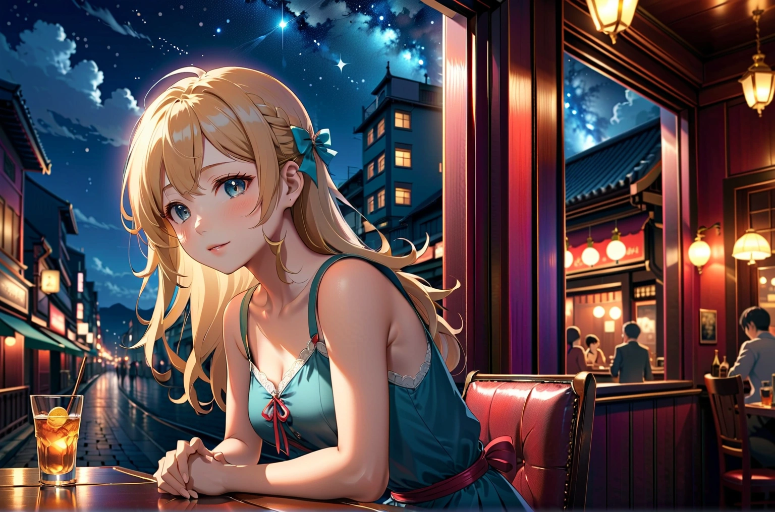 Uses Makoto Shinkai'The depiction is perfect,Portrait of Riyoko Takagi 8k 4k masterpiece photo ,Glass ceiling jazz bar,Outside the window is a dim night view,The stars are twinkling in the sky,Profile close-up,Semi-long hair,sexy,Large bust,Wearing a sleeveless shirt,blonde,Draw fingertips and toes more accurately,The most beautiful woman in the world,Age 35,