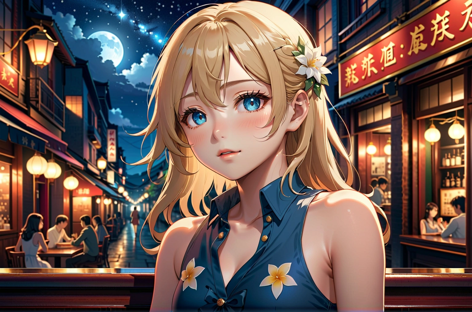 Uses Makoto Shinkai'The depiction is perfect,Portrait of Riyoko Takagi 8k 4k masterpiece photo ,Glass ceiling jazz bar,Outside the window is a dim night view,The stars are twinkling in the sky,Profile close-up,Semi-long hair,sexy,Large bust,Wearing a sleeveless shirt,blonde,Draw fingertips and toes more accurately,The most beautiful woman in the world,Age 35,