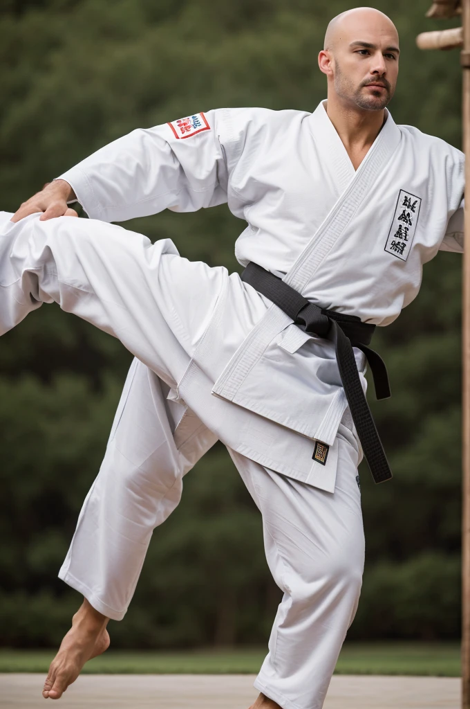 ((8k ((best quality)), ((masterpiece)), (very detailed), real face bald male muscular male full body wear karate suit high kick