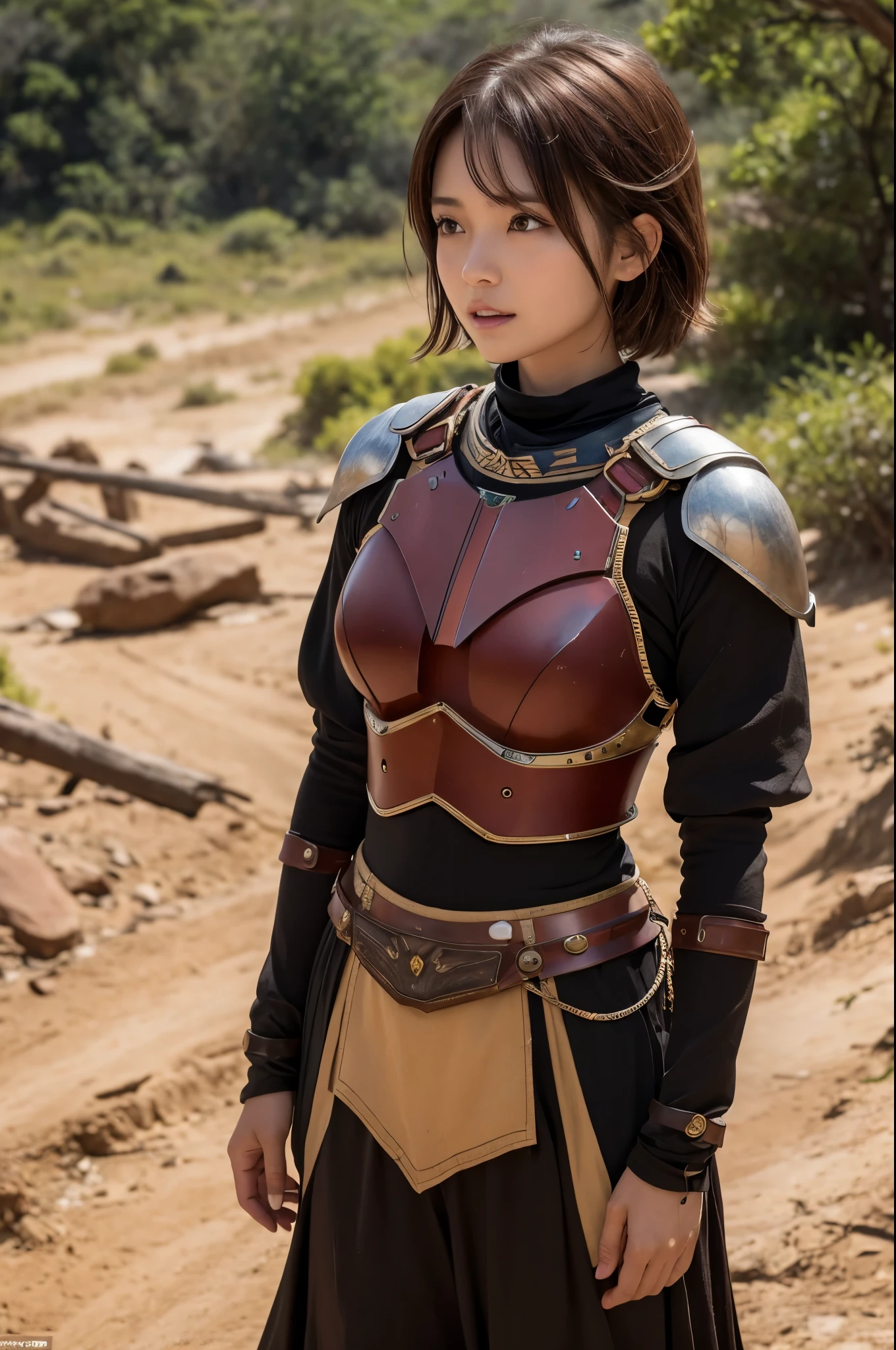 8K,荒れた大地adventure者の衣装,Traveling through the dusty wilderness,Light brown short hair,so beautifulな日本の女性, Red and black large breasted breastplate(Devil's Crest),so beautiful(Like the real thing),Red and black shoulder armor for the left shoulder(Devil's Crest),Red and black combat trousers,sexy,deviantart artstation cgscosiety, 3DレンダリングCharacter Art8 K, Alena Aenami and Artgerm, Vojtek Fas, Artstation 8K のトレンド, Art Station HDのトレンド, Adventure Ultra-Realistic Rendering, Perfect body with realistic shading, Photorealistic perfect body, Ultra-high resolution,high quality,sexy,Brown short hair,Strongly defined abdominal muscles,Muscular and slim body,Muscular and lean lower body,close,masterpiece,最high qualityのフォトリアリスティックなRAW写真。Bright colors,Rich colors, Backlight, Cinema Lighting, Film Grain, to be born, 50mm lens, Nikon D850,Realistic Skin,Fantasy art,Character Art,Sharp Eyes,adventure,He has a long and big Japanese sword.,brown combat jacket,red and black gauntlets(Devil's Crest),Battle Scenes,Dynamic pose,shout,