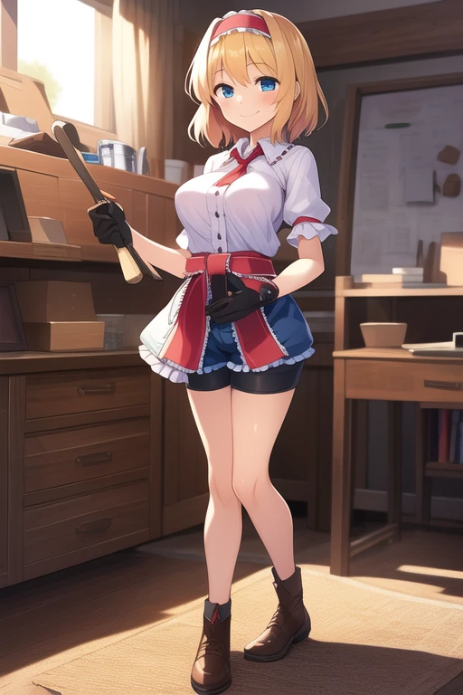 ((best quality)), ((masterpiece)), (detailed), 1girl, Touhou, Alice Margatroid, artisan, artisan tools, artisan workplace background, feminine shorts, short tube top, full-opened shirt, medium sized breasts, artisan gloves, holding artisan tools smiling expression, full body, wide shot, sun light