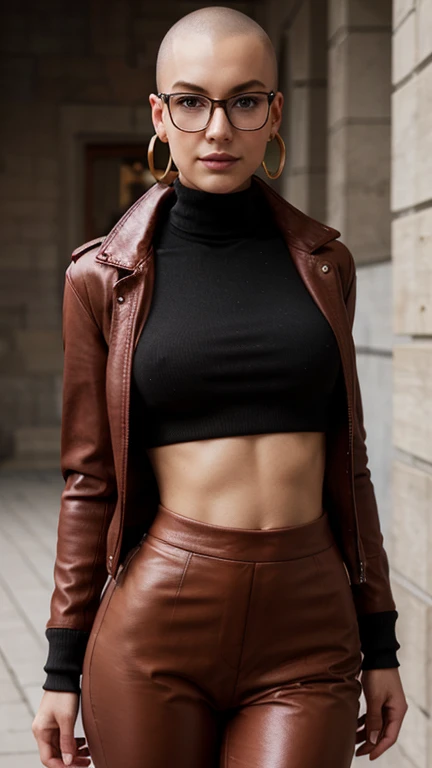 Beautiful sexy woman. Caucasian. Shaved head. Feminine features. Large nose. Small smile. Round glasses. Loop earrings. Red leather jacket. Athletic build. Black crop top. Turtleneck. Black leather pants. Abs. Posing.