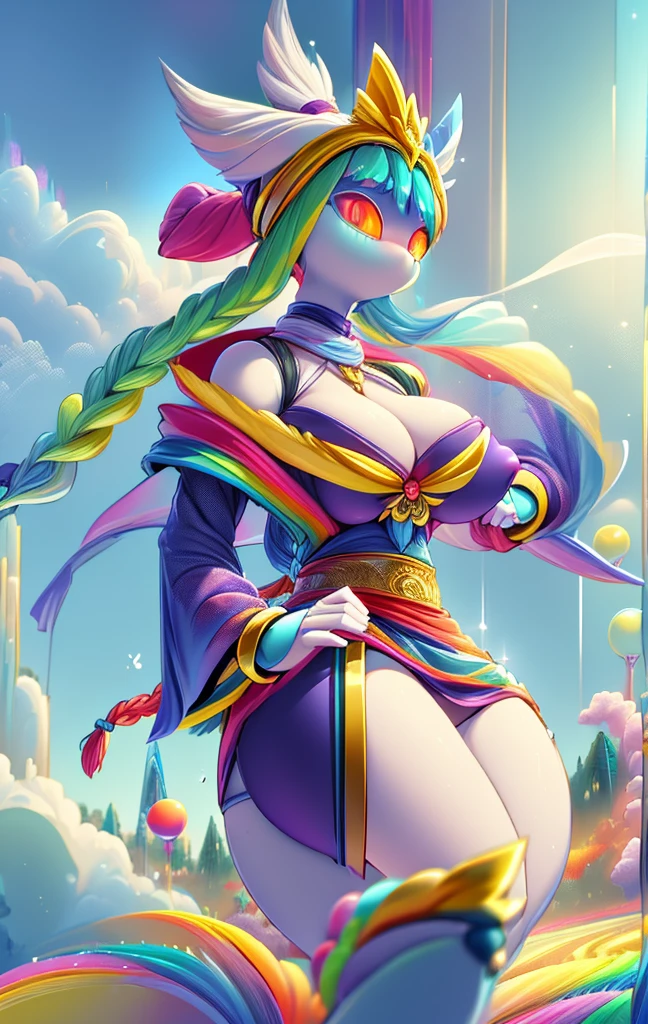 quality\(8K,Extremely detailed CG unit wallpaper, masterpiece,high resolution,top-quality,top-quality real texture skin,Surrealism,提high resolution,RAW photos,Best quality,Very detailed,,light,Ray Tracing,Golden Ratio\),Mechanical Girl,Doll girl,Glowing eyes,Doll eyes,matriarchal,braid,垂在胸侧的braid,mature body,Mature system,cloak,小cloak,小cloak,bandeau outfit,Off-shoulder dress,Strapless dress style,cute,gentle,gentle,kindliness,Slender figure,Close-up above the waist,Big breasts,Big Tits,belt,机械belt,Tights,Tights,宝石belt,宝石belt,White skin,White underwear,袍子front swing,front swing,Gradient over-the-knee socks,Nude Apron,Rainbow gradient color,Gradient color arm guard,Rainbow gradient sleeves