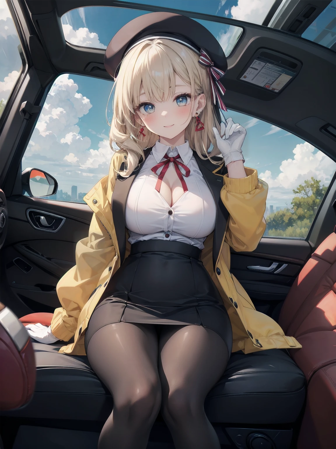 Masterpiece、high quality、high resolution、Girls, One, Solo, Cute Hair, Cleavage, Gaze and Look, Blush, Smile, Bangs, Skirt, Big Tits, Silky Hair, Clean Y-Shirt, Gloves, Long Sleeves, Hat, Ribbon, Realistic, Detailed Eyes, Accessories, Sitting, Close Mouth, Jacket, Long, Large Eyes, White Shirt Pantyhose with coarse detailing, Pimples Thighs, earrings, day, shiny, collared shirt, clouds, white gloves, hands up, mini skirt, black skirt, red ribbon, black pantyhose, neck ribbon, supporting arms, beret, ground vehicle, car, pencil skirt, shiny clothes, brown pant strips, yellow jackets