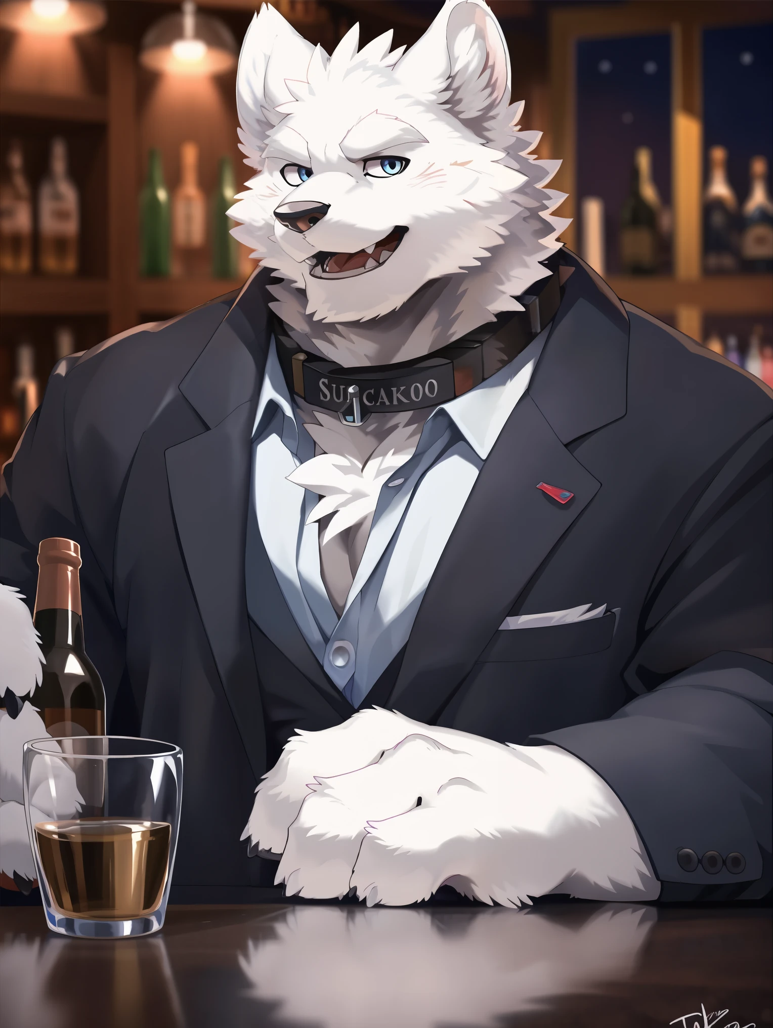 ((all white fur:1.5)), solo, Perfect sky blue eyes, Spike Collar, (artist:Takemoto Arashi), Mature face, elder, longeyelashes, ((Thin and tall figure)), ((sit on the ground)), fang out, Smile evilly, oral invitation, maliciously, Wearing a suit, Bar interior scene, bar, Movie Light Effects, Movie Posters, Holding a red wine glass, Reveal most of the background, Tilt your upper body towards the camera, atmospheric perspective, super detail, high details, 8k