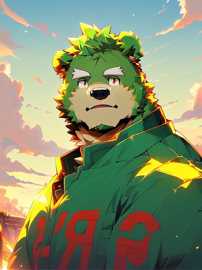masterpiece, high quality, anime, detailed eyes, male jinpei, anthro, bear, Great physique, strong arms manly, Casual suit, (((green bear))), (((green fur))), green hair, beard, white eyebrows, bald, detailed red eyes, tall, Joyful, arafed young man with a black shirt that says girls,profile picture 1024px, headshot profile picture,
