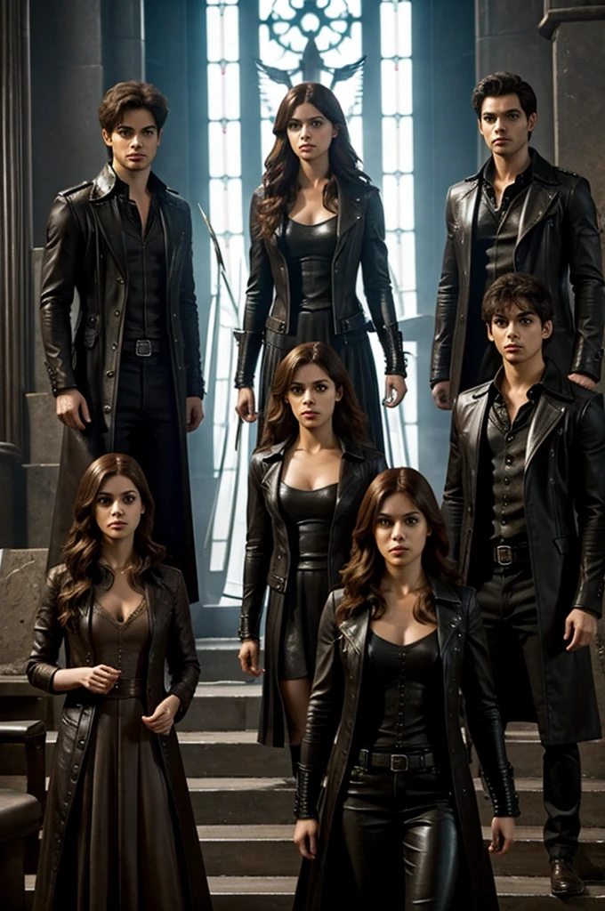 Angelic power in the Shadowhunters series, dystopia, and a woman with dark brown hair, with 3 tall men and 1 more woman 