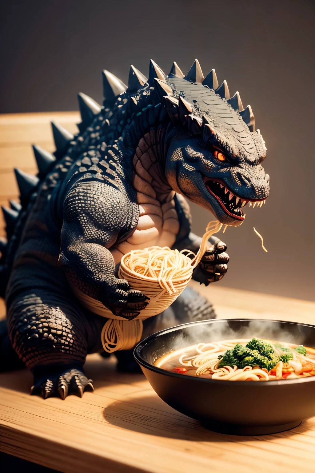 Mini Godzilla eating noodles