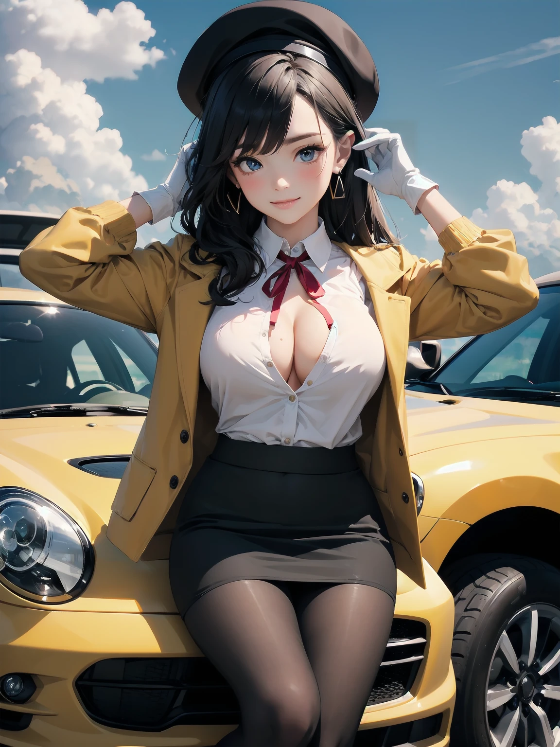 Masterpiece、high quality、high resolution、Girls, One, Solo, Cute Hair, Cleavage, Gaze and Look, Blush, Smile, Bangs, Skirt, Big Tits, Silky Hair, Clean Y-Shirt, Gloves, Long Sleeves, Hat, Ribbon, Realistic, Detailed Eyes, Accessories, Sitting, Close Mouth, Jacket, Long, Large Eyes, White Shirt Pantyhose with coarse detailing, Pimples Thighs, earrings, day, shiny, collared shirt, clouds, white gloves, hands up, mini skirt, black skirt, red ribbon, black pantyhose, neck ribbon, supporting arms, beret, ground vehicle, car, pencil skirt, shiny clothes, brown pant strips, yellow jackets