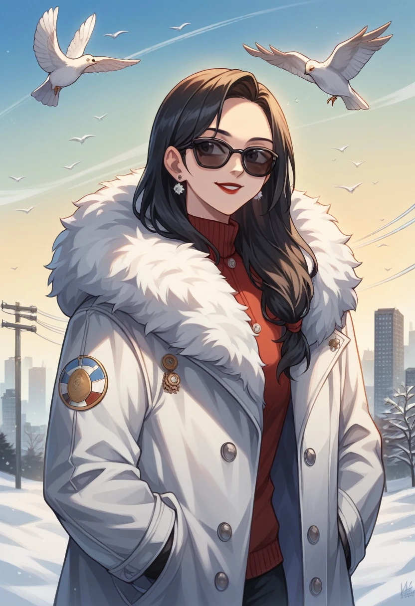 sam yang,, 1girl, animal, animal on shoulder, bird, black-framed eyewear, black eyes, black hair, blue sky, cityscape, clear sky, coat, day, earrings, eyewear hang, eyewear removed, fur coat, jacket, jewelry, long hair, looking to the side, outdoors, power lines, red lips, sky, smile, snow, solo, sunglasses, white bird, white coat, winter, winter clothes, , ((masterpiece))