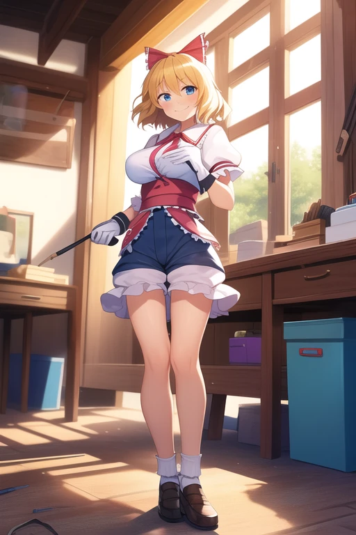 ((best quality)), ((masterpiece)), (detailed), 1girl, Touhou, Alice Margatroid, artisan, artisan tools, artisan workplace background, feminine shorts, short tube top, front opened shirt, medium sized breasts, artisan gloves, holding artisan tools smiling expression, full body, wide shot, sun light