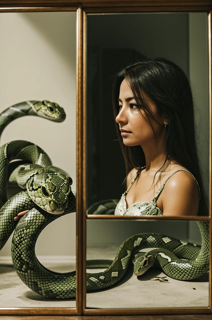 I wish you would create a woman crying in a mirror broken in two and separated by a snake