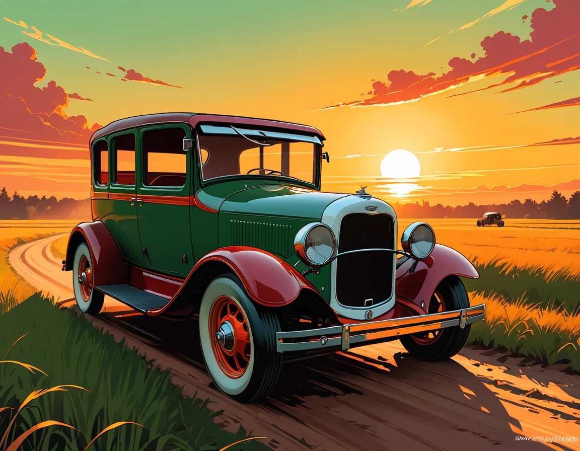 stylized digital art featuring a dark red Ford T jalopy parked by a dirt road through a field during sunset. The sky is painted in warm shades of orange, yellow and red. The jalopy is portrayed from the corner, with its shiny red bodywork. Its wheels are classic, with a white stripe, rubberized tire and shiny metal rim that reflects the light of the setting sun. The jalopy's headlights are on. The field is filled with tall grass that sways in the wind. The grass is represented in shades of green and brown, with some lighter areas, which could be an artistic choice to emphasize the intensity of the scene. The overall art style is reminiscent of comic book art, with bold lines and a limited color palette that enhance the dramatic effect of the scene. Art by Dechko Uzunov, highly detailed vector art, vintage art style, comic book art, digital Ford T, Martin Ansin, by Evan Charlton, sunset!, by Eddie Mendoza, sunset illustration sun, featured art, digital colorful illustration, (masterpiece), best quality
