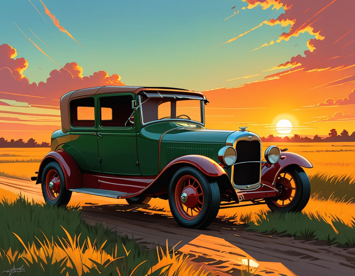 stylized digital art featuring a dark red Ford T jalopy parked by a dirt road through a field during sunset. The sky is painted in warm shades of orange, yellow and red. The jalopy is portrayed from the corner, with its shiny red bodywork. Its wheels are classic, with a white stripe, rubberized tire and shiny metal rim that reflects the light of the setting sun. The jalopy's headlights are on. The field is filled with tall grass that sways in the wind. The grass is represented in shades of green and brown, with some lighter areas, which could be an artistic choice to emphasize the intensity of the scene. The overall art style is reminiscent of comic book art, with bold lines and a limited color palette that enhance the dramatic effect of the scene. Art by Dechko Uzunov, highly detailed vector art, vintage art style, comic book art, digital Ford T, Martin Ansin, by Evan Charlton, sunset!, by Eddie Mendoza, sunset illustration sun, featured art, digital colorful illustration, (masterpiece), best quality