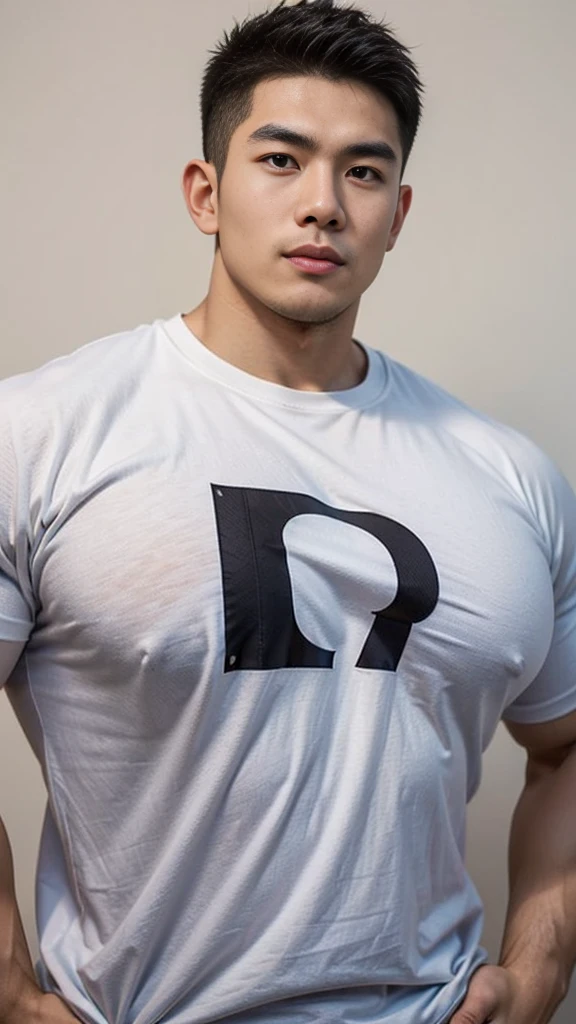 ((tight t-shirt)), ((gigantic pecs:1.2)), ((cute Asian boy)), muscular, body hair, big nipples.