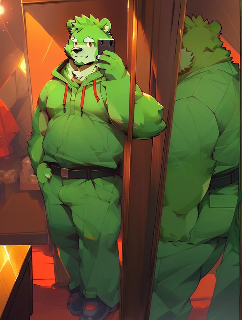 masterpiece, high quality, anime, detailed eyes, male jinpei, anthro, bear, Great physique, strong arms manly, Casual suit, (((green bear))), (((green fur))), green hair, beard, white eyebrows, bald, detailed red eyes, tall, Joyful, arafed man taking a selfie in a mirror in a room, wearing a fisher 🧥, wearing a baggy,  full body picture, wearing jeans and a black hoodie, profile picture 1024px, headshot profile picture,