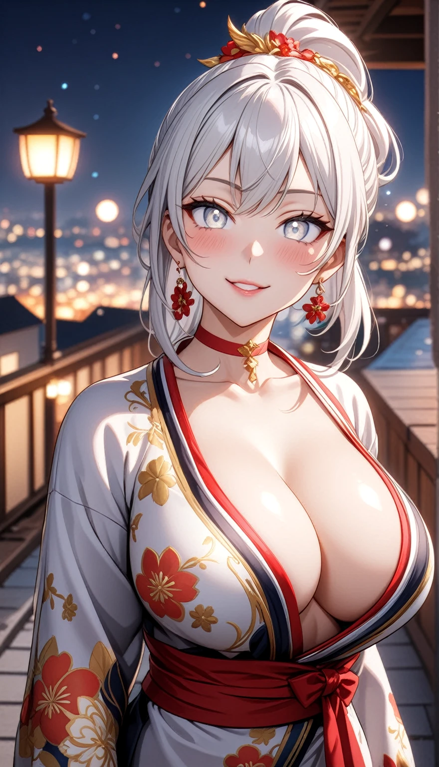 ((One personの女性)), Beautiful Face,Laughing shyly,((Wink:2.0)),Laugh with your mouth wide open((Bright red cheeks:1.4)),Glossy pink lips,night,rooftop,Festive decorations,You can see the ocean, firework,Laughing with your mouth open,Glossy pink lips,Lighting on the face,((Anime style background)),masterpiece, Highest quality, so beautiful,Latest, Complex details, (Pink long nails),(ring),(bracelet),(choker),AI-generated, Complex,High resolution, Highest quality, super high quality,3D Images、View your viewers、3D Images,One person,Long white hair,High Ponytail,(blue eyes),Anime woman posing for a photo, ((Fine grain、Silvery white colorful eyes、Shining Eyes:1.4)),(Squint your eyes:1.1),a hyperRealistic , hyperRealistic , Realistic,Anime woman with long and white hair, Smooth anime CG art, A woman in a colorful kimono with gold embroidery, (Black long sleeve kimono),Red floral pattern,Long flower hair ornament,Big earrings,Mature Body,(Big Breasts:1.1),Tall,Abdominal muscles,Narrow waist,(Zoom in on face:1.8),Shooting from below at an angle
