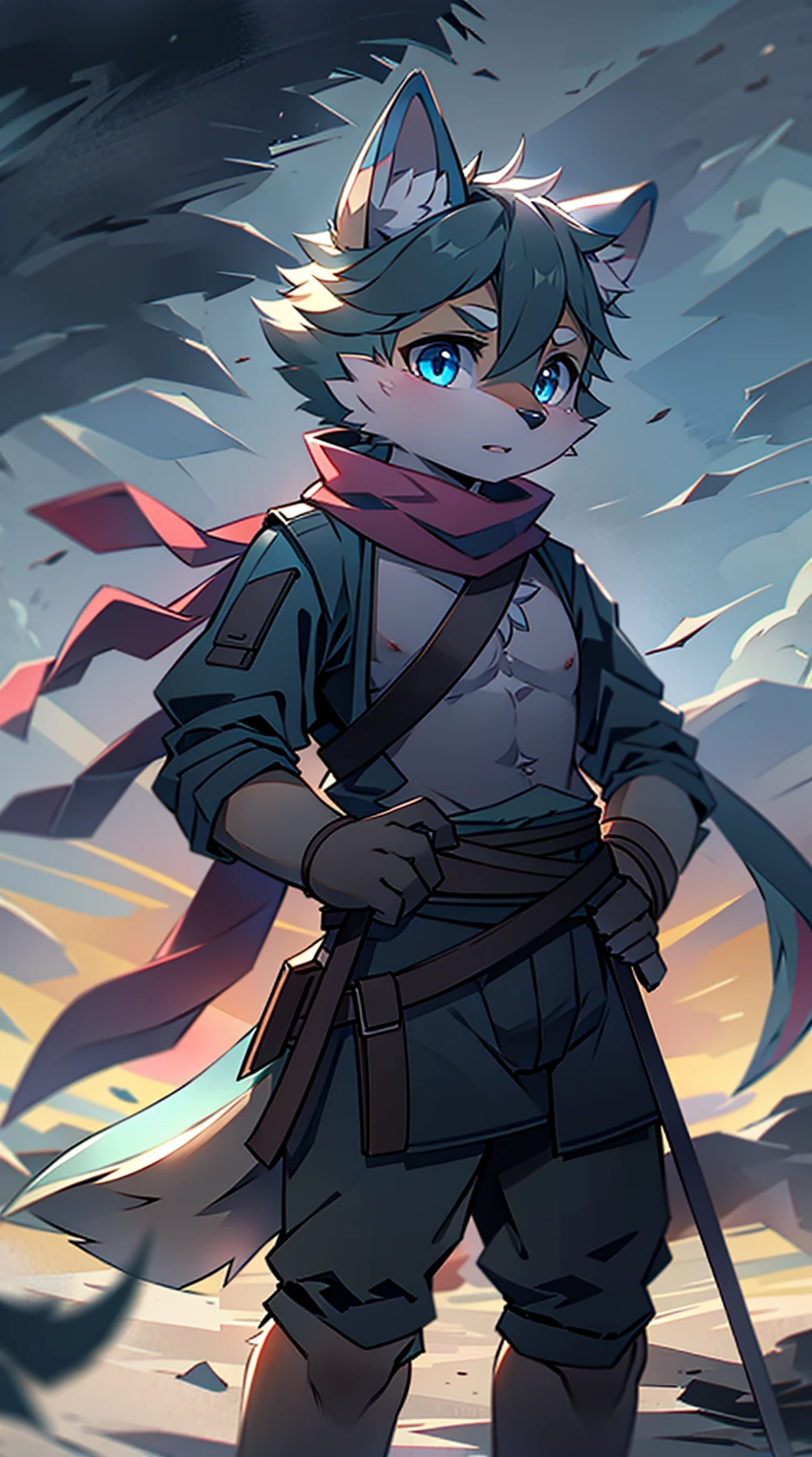 Wolf，juvenile，male，Gray-black fur，Sky blue eyes，Black combat uniform，scarf，Holding a long sword，scabbard，Draw the sword，permanent，The only one,dawn，illumination，Break，bust