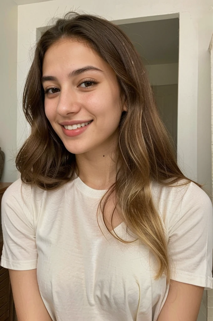 20YO, small nose, one women,attractive, Jordanian, Arab, Bright Yellow shirt, cute smile, cute face, white teethes, skinny face, light brown eyes, black/blonde long hair, modest