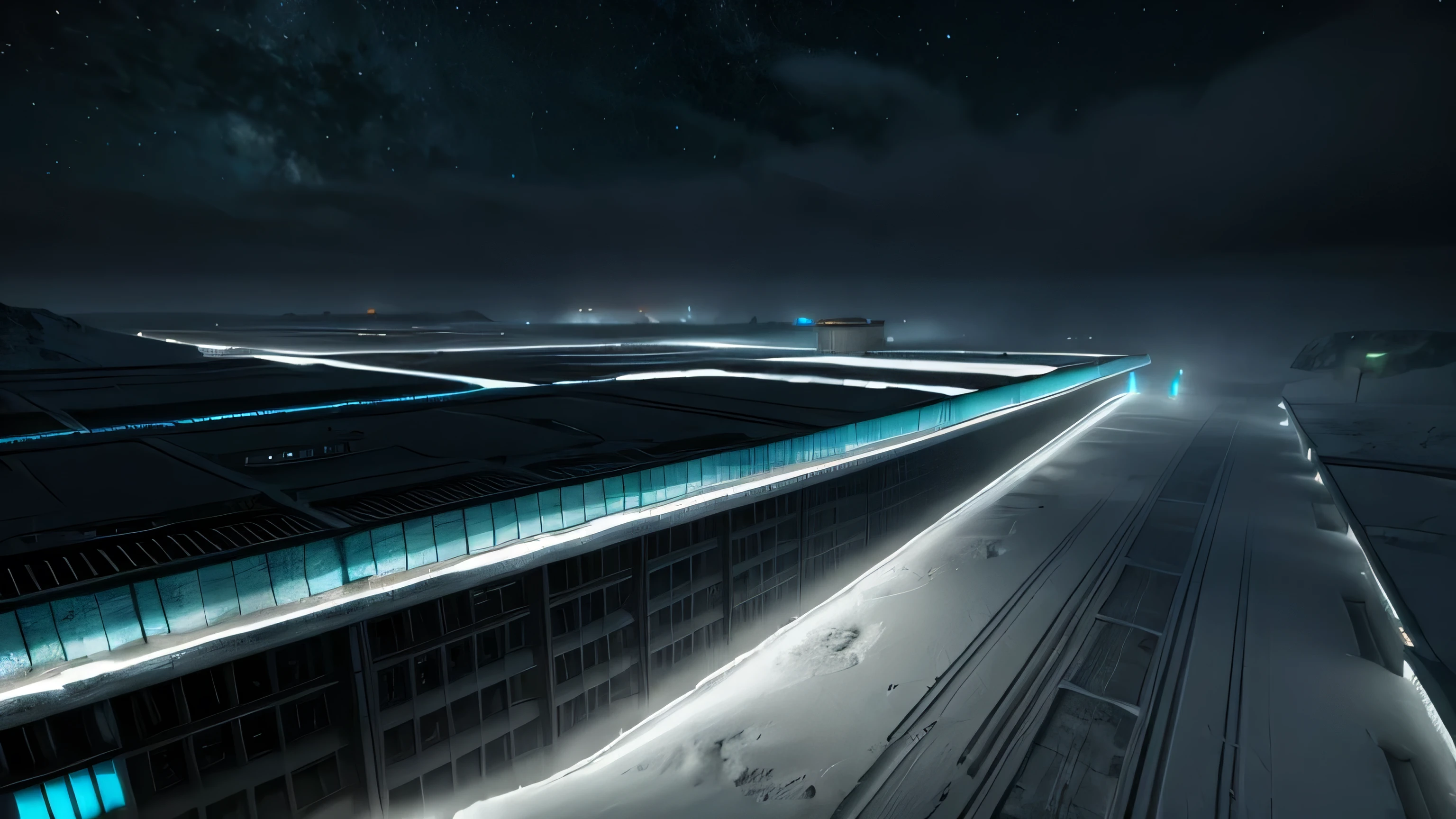 looking down on a massive scale, futuristic, Sci fi ice mining base, poluted, desolate and run down, abandoned, distopia, in dark stormy, wintery, fog, misty weather at night, 3d concept art