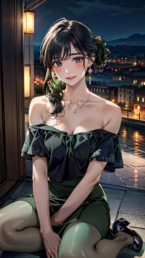 (masterpiece:1.3, Highest quality, Ultra-high resolution：1.2, Super detailed、8K), (Realistic, photoRealistic:1.4), Beautiful illustrations, Perfect lighting, colorful, Depth of written boundary, Beautiful detailed hair, Beautifully detailed face, Beautiful fine details, Droopy eyes、Beautiful clavicle, Beautiful body, 美しいLarge Breasts, Beautiful thighs, Beautiful feet, Beautiful fingers, View Viewer、Front view:0.6, Beauty1人, Japanese, Beauty、30 years old, Perfect Face, (Perfect Anatomy, Anatomically correct), Cute and symmetrical face, Baby Face, , Shiny skin,(Dark green off-the-shoulder blouse:1.4), ((Wraparound skirt:1.5))  、(pumps:1.3)、(Black Hair, Updo Hair:1.4), braided bangs、Dark brown eyes, Large Breasts, Slim body, necklace, Small earrings:1.1, (Beautiful views), (night), (city, cityscape in the distance), Riverside、 A soft smile、(Smile, Lips parted),