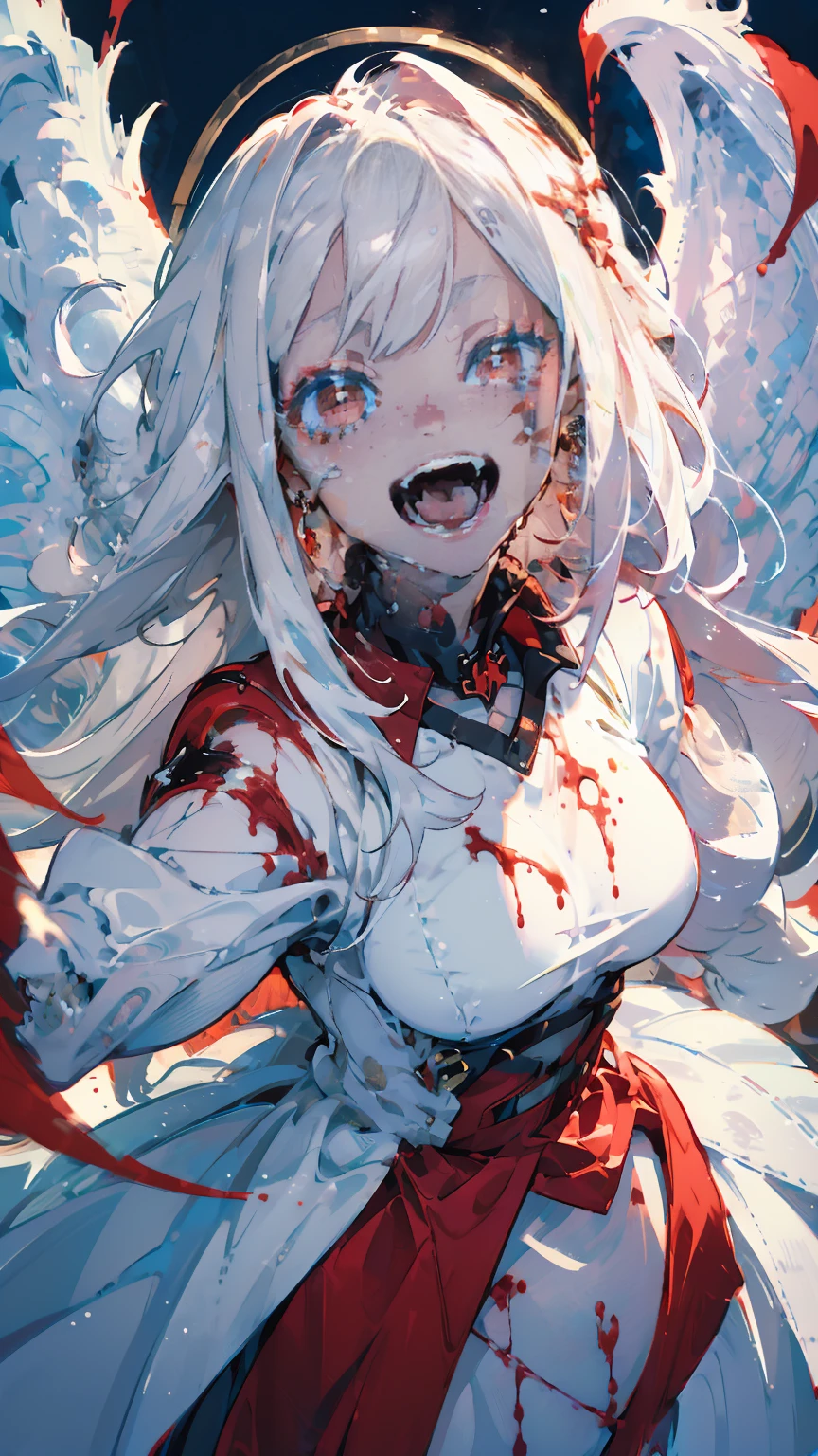 (woman\(A blood-red, dark angel halo is on his head., Angel Girl,Pure white hair,Red eyes, Pure white skin, White costume,The girl is laughing wildly with her mouth wide open,Eyes with dilated pupils,Scary,A large amount of dark red liquid drips from the mouth and eyes.,Crazy smile,Monster,Monster mouth,\) pure white world、Looking up at me,Attacking pose,Wings made of blood (I&#39;m in the beautiful outdoors, Monster tentacles,Horror, mysterious,Blood Monster (A dark red liquid floating in the air,Spooky background),quality\(8K,非常に精細なCGユニットのwallpaper, masterpiece,High resolution,top-quality,top-quality real texture skin,Surreal,Increase the resolution,RAW Photos,最高quality,Very detailed,wallpaper,Cinema Lighting,Ray-tracing,Golden Ratio\),Long Shot,Overall, it looks ephemeral.,The depiction range is from the waist up,qualityの高い顔の描写,High-resolution facial depiction,ephemeral,Low saturation,***********,1 person, evil spirit