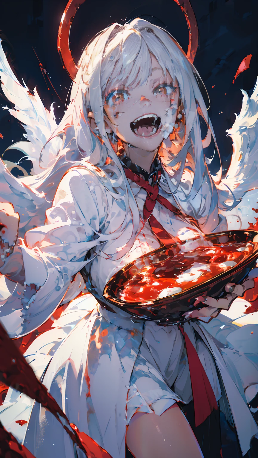 (woman\(A blood-red, dark angel halo is on his head., Angel Girl,Pure white hair,Red eyes, Pure white skin, White costume,The girl is laughing wildly with her mouth wide open,Eyes with dilated pupils,Scary,A large amount of dark red liquid drips from the mouth and eyes.,Crazy smile,Monster,Monster mouth,\) pure white world、Looking up at me,Attacking pose,Wings made of blood (I&#39;m in the beautiful outdoors, Monster tentacles,Horror, mysterious,Blood Monster (A dark red liquid floating in the air,Spooky background),quality\(8K,非常に精細なCGユニットのwallpaper, masterpiece,High resolution,top-quality,top-quality real texture skin,Surreal,Increase the resolution,RAW Photos,最高quality,Very detailed,wallpaper,Cinema Lighting,Ray-tracing,Golden Ratio\),Long Shot,Overall, it looks ephemeral.,The depiction range is from the waist up,qualityの高い顔の描写,High-resolution facial depiction,ephemeral,Low saturation, Girl,1 person, evil spirit