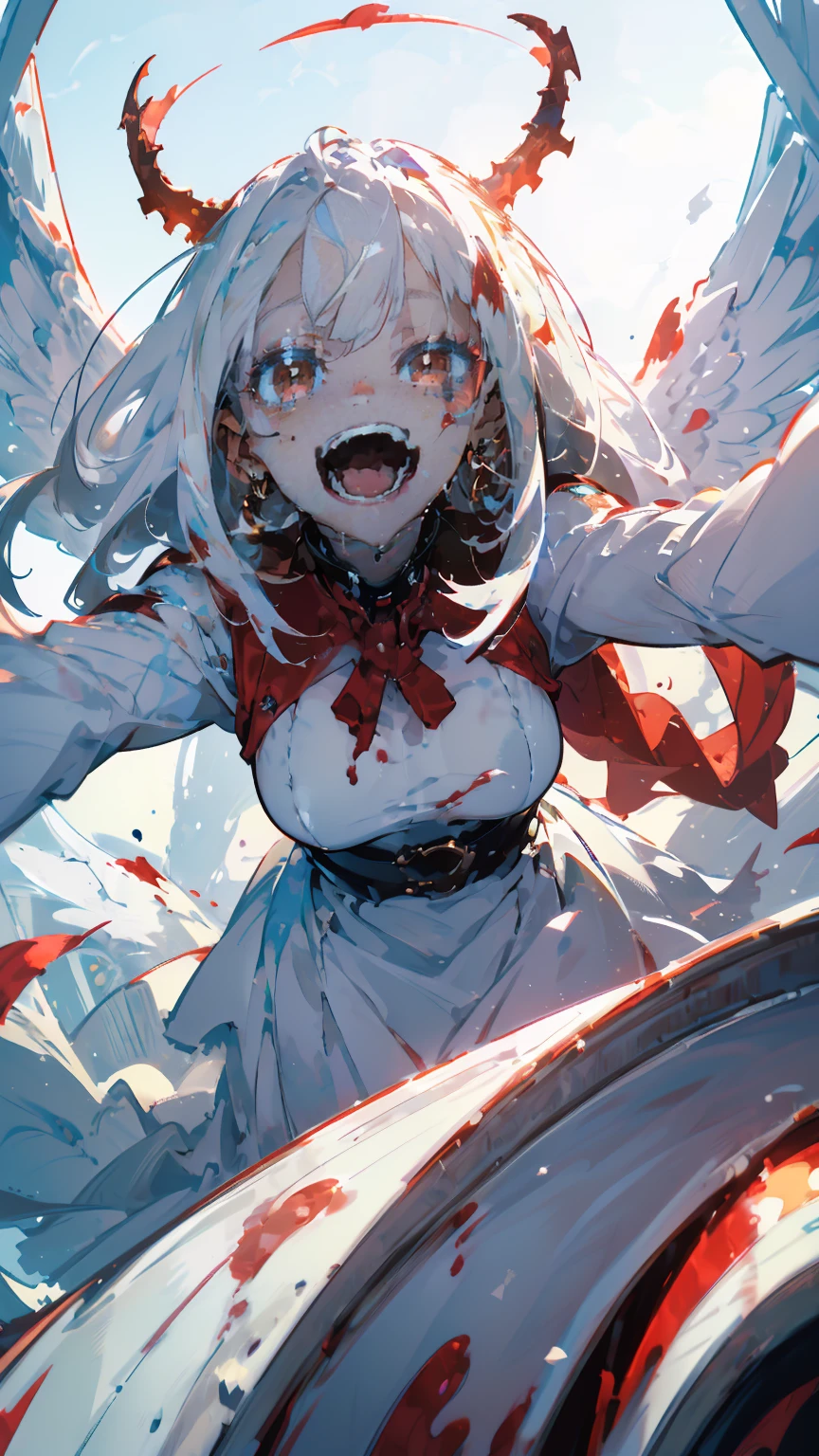 (woman\(A blood-red, dark angel halo is on his head., Angel Girl,Pure white hair,Red eyes, Pure white skin, White costume,The girl is laughing wildly with her mouth wide open,Eyes with dilated pupils,Scary,A large amount of dark red liquid drips from the mouth and eyes.,Crazy smile,Monster,Monster mouth,\) pure white world、Looking up at me,Attacking pose,Wings made of blood (I&#39;m in the beautiful outdoors, Monster tentacles,Horror, mysterious,Blood Monster (A dark red liquid floating in the air,Spooky background),quality\(8K,非常に精細なCGユニットのwallpaper, masterpiece,High resolution,top-quality,top-quality real texture skin,Surreal,Increase the resolution,RAW Photos,最高quality,Very detailed,wallpaper,Cinema Lighting,Ray-tracing,Golden Ratio\),Long Shot,Overall, it looks ephemeral.,The depiction range is from the waist up,qualityの高い顔の描写,High-resolution facial depiction,ephemeral,Low saturation,***********,1 person, evil spirit